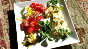 Home marinated mozzarella with sliced grape tomatoes